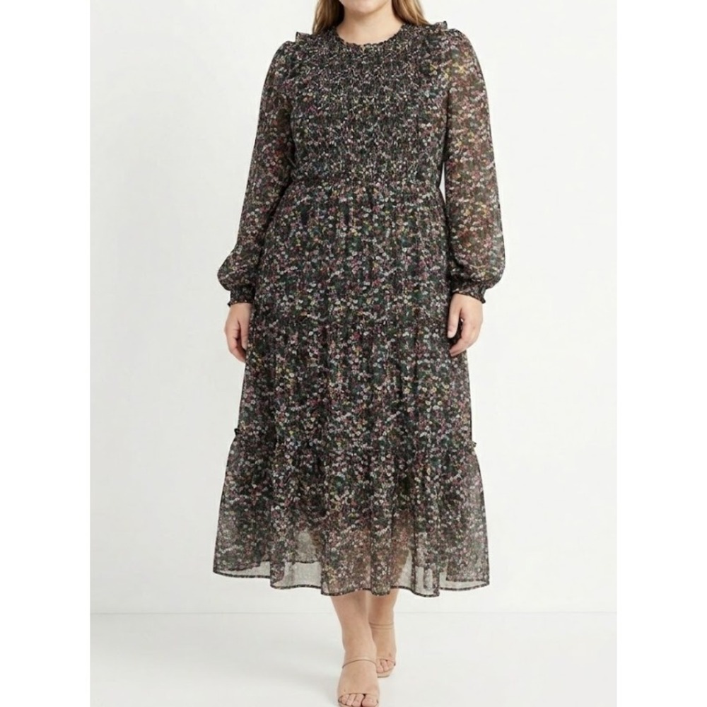 Draper James Ditsy Floral Smocked Midi Dress Large  Ruffle Long Sleeve Feminine